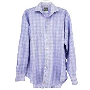 Thomas Deen Pima Cotton Shirt Mens L Long Sleeve Blue White Check Button Down